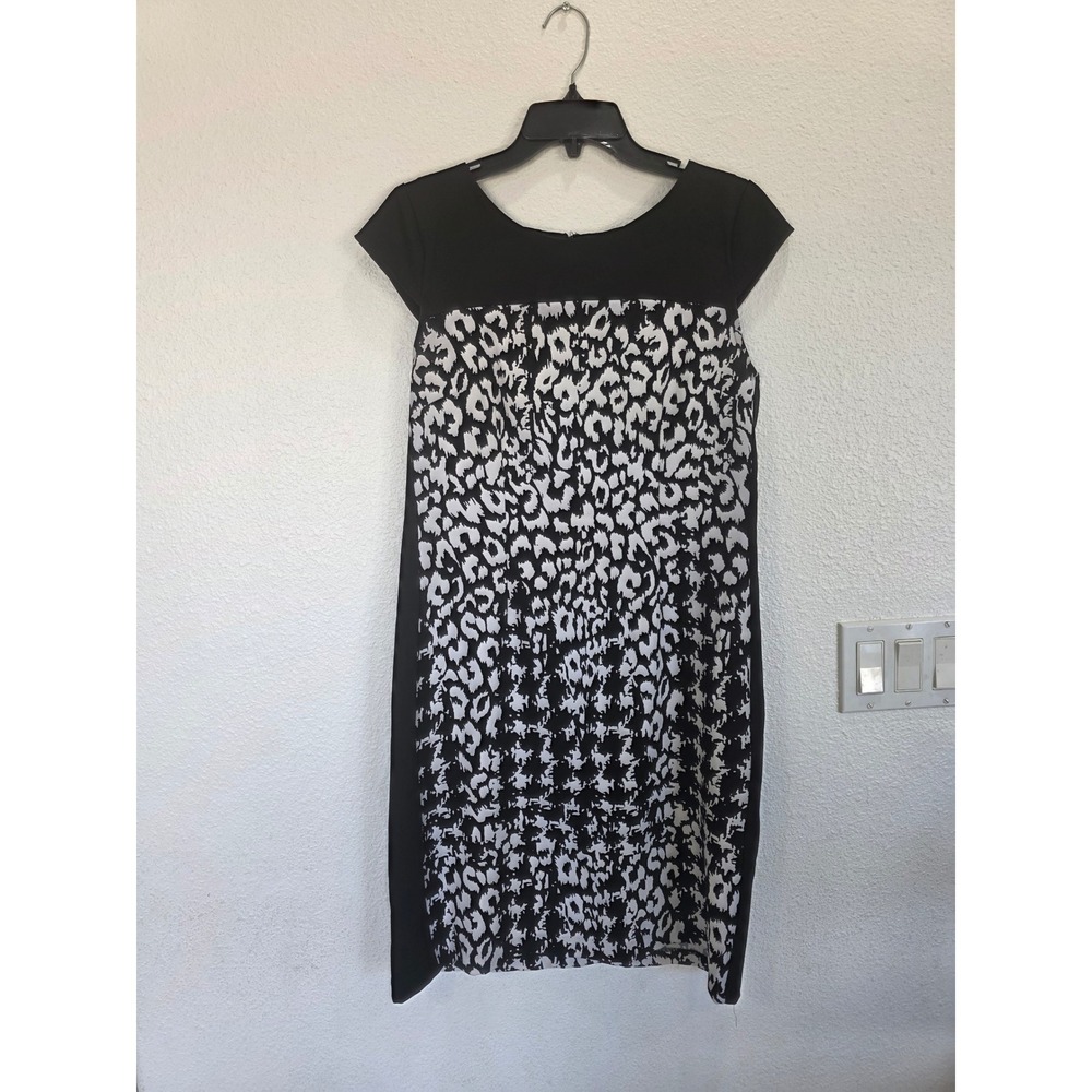 Voir Voir Black White Animal Print Colorblock Sheath Dress Size 8 Cap Sleeve